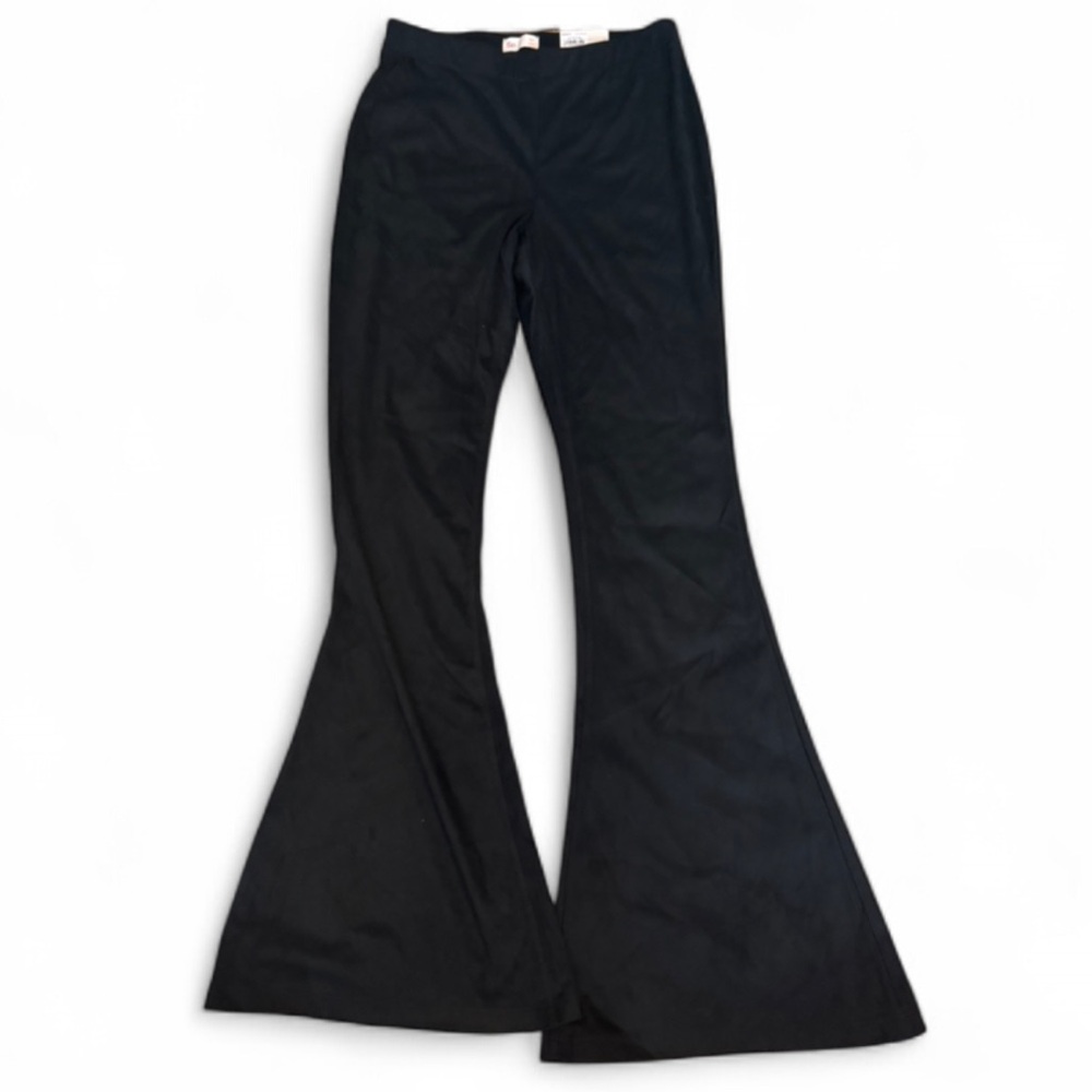 Black suede stretch high rise flare pants MEDIUM